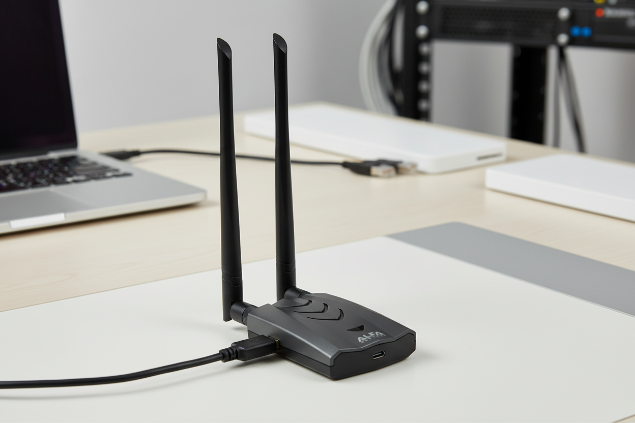 Alfa AWUS036ACH high-power WiFi adapter in professional tech setting