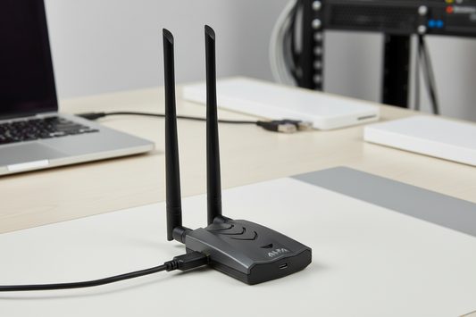 Alfa AWUS036ACH high-power WiFi adapter in professional tech setting